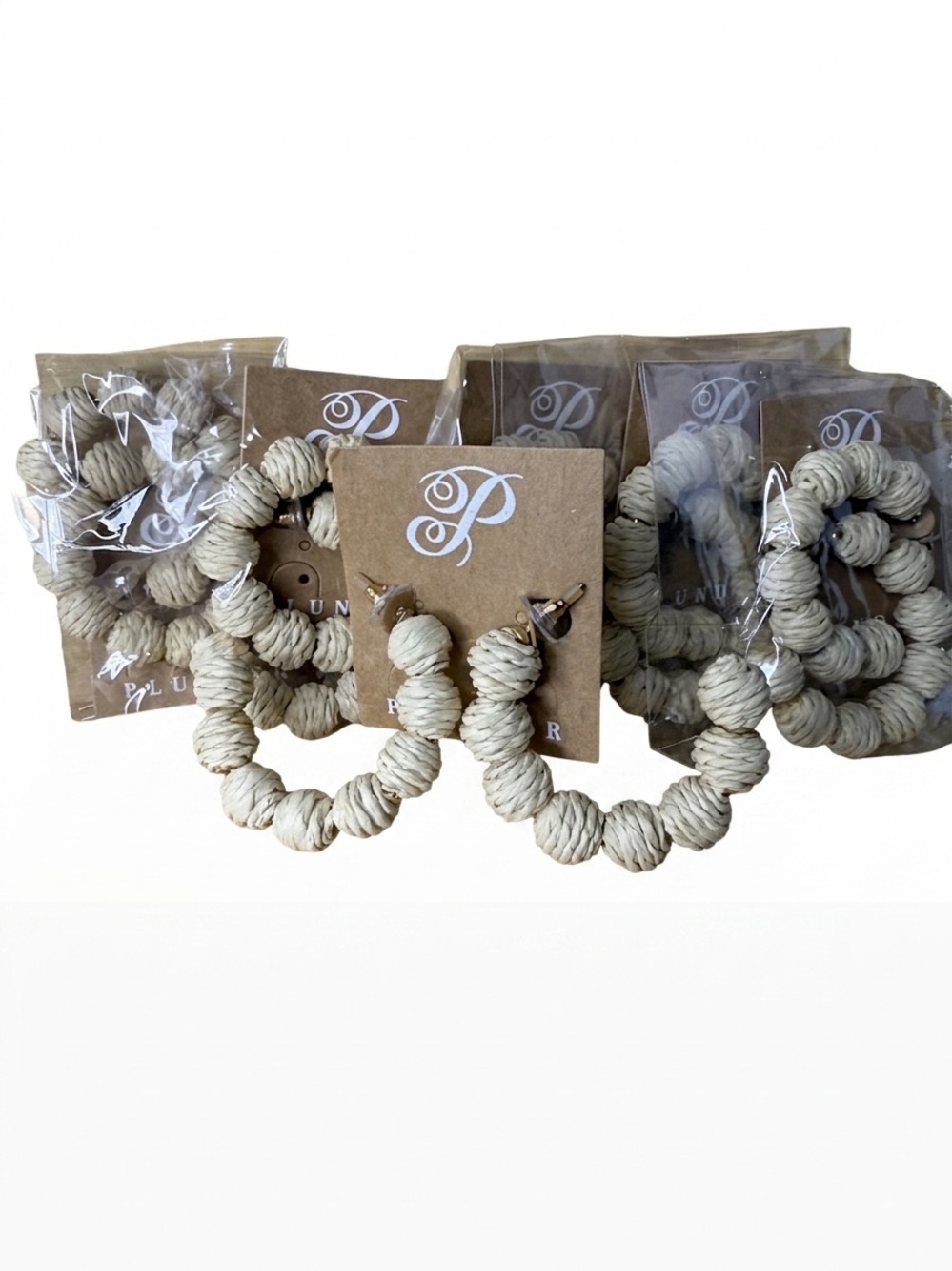 6 Pieces of Plunder Raffia Beaded Hoop Earrings - Natural Cream